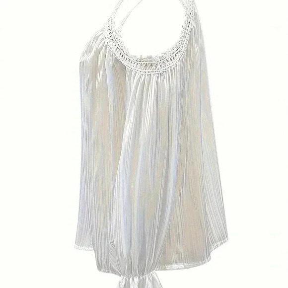 White Boho Women's Open Shoulder Floral Trim Casual Vacation Blouse - Picture 5 of 5